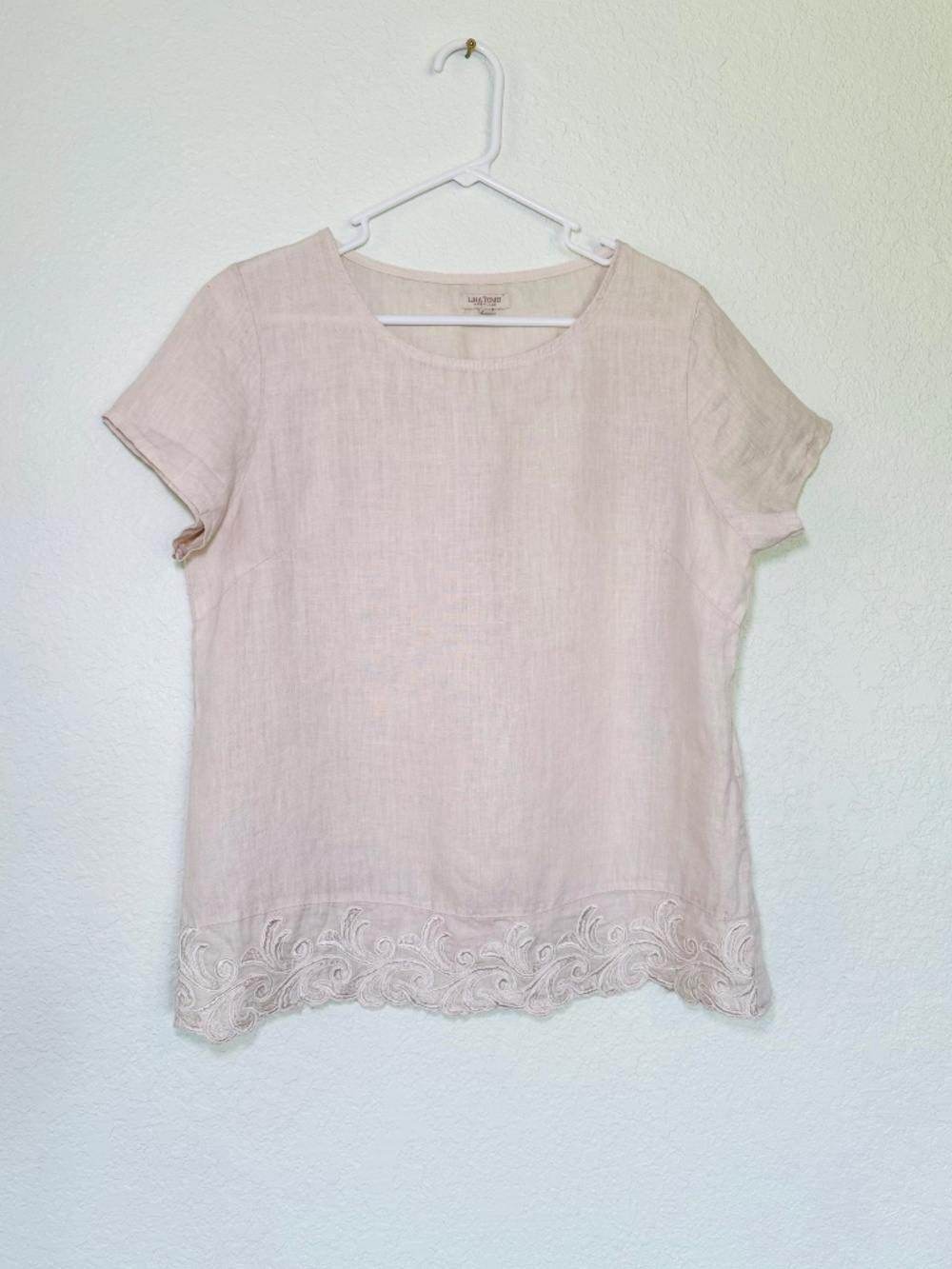Lina Tomei Blouse Womens L Italy 100% Linen Embroidered Lace Hem Boho Coastal